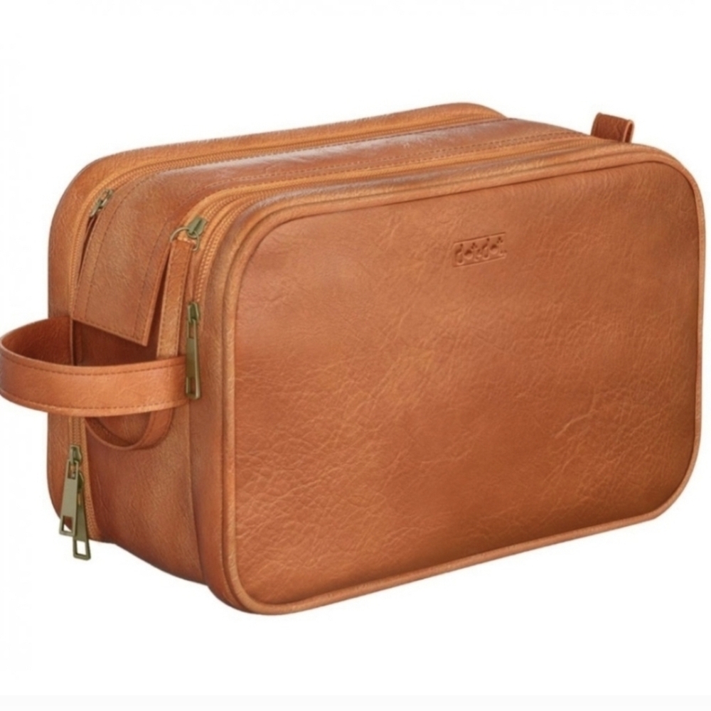 Men's Leather Toiletry Bag~New~Dark Tan/Beige